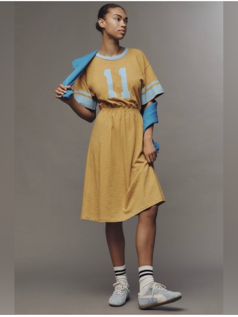 ANTHROPOLOGIE SUNDRY RUGBY MIDI DRESS VARSITY GOLDEN HOUR YELLOW SMALL